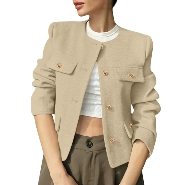 Women's Solid Color Round Neck Fashionable Button Decorated Short Jaket - Image 14