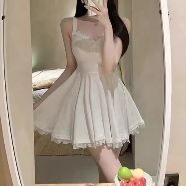 Women's V-neck Lace Patchwork Camisole Dress With Pleated A-line - Image 19