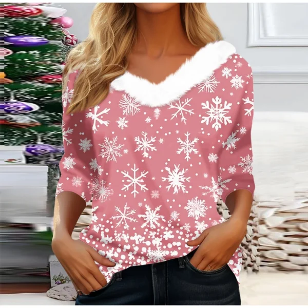 Women's V Neck Christmas Party Top Fleece Collar Shirt Long Sleeve T Shirt - Image 22