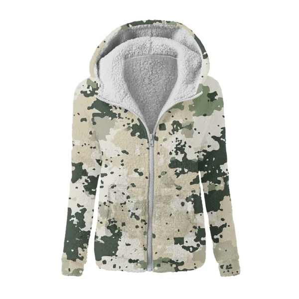 Women's Winter Camouflage Print Casual Fashion Plush Hooded Zipper Sweater - Image 37