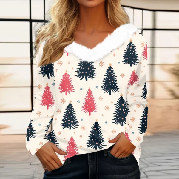 Women's Long Sleeve Christmas Printed Party Plush Neck Wide Casual V-Neck Top - Image 34