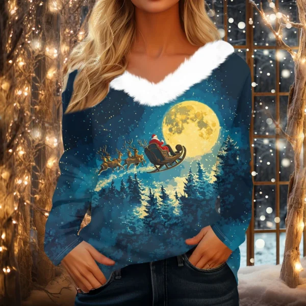 Women's V Neck Party Long Sleeve Top Christmas Shirt Fleece Collar T Shirt - Image 31