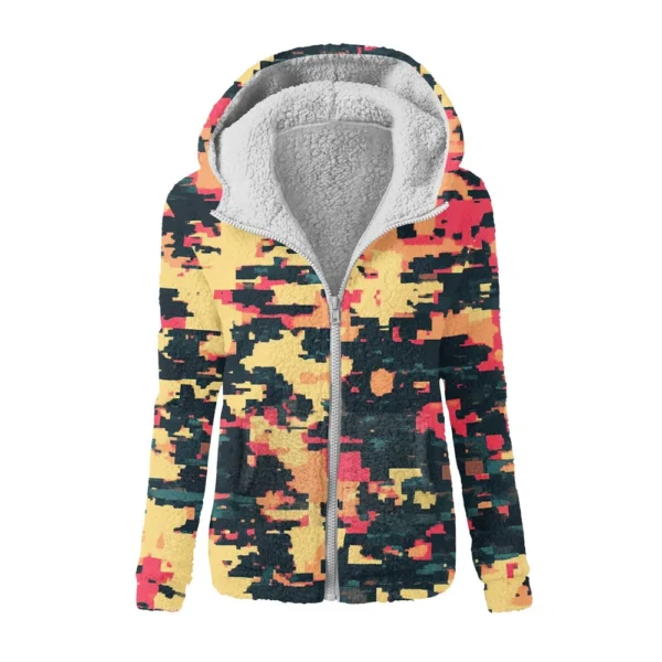 Women's Winter Camouflage Print Casual Fashion Plush Hooded Zipper Sweater - Image 40