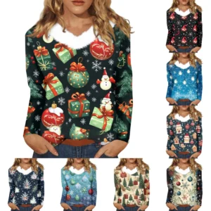 Women's Loose Casual Long Sleeved Christmas Printed Plush Collar V Neck Top,