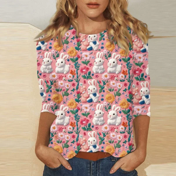Women's Tops Easter Fashion Basic 3/4 Sleeve Printed Plus Size Casual Pullover - Image 19