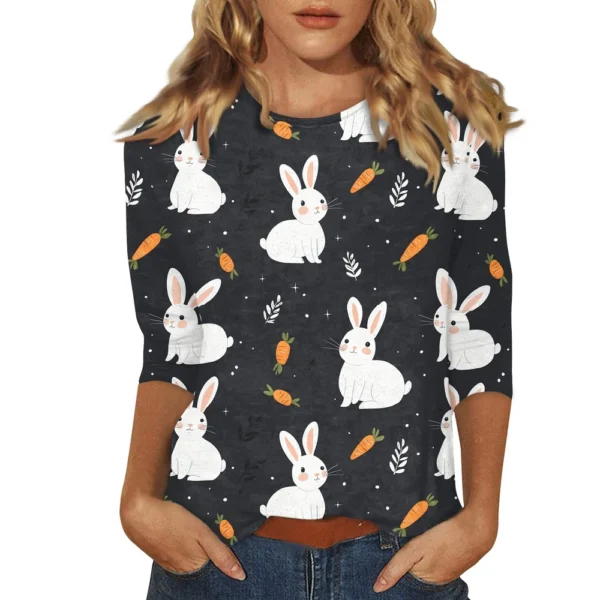 Women's Printed Easter Basic Tops Casual 3/4 Sleeve Fashion Plus Size Pullover - Image 23