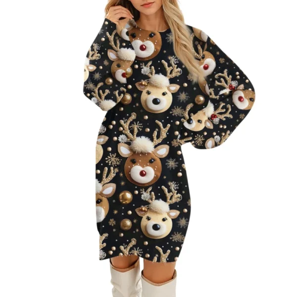 Women's Round Neck Casual Long Sleeve Plush Christmas Printed Dresses - Image 7
