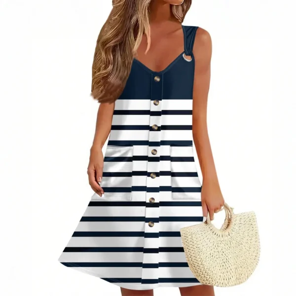 Women's Summer Dress With Pocket Sleeveless Striped Print Sundress - Image 11