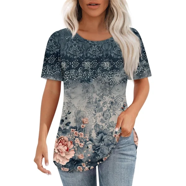 Women's Round Neck Casual Fashion Printed Daily Short Sleeved Loose T-Shirt - Image 4
