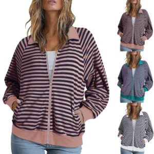 Women's Loose Casual Striped Lapel Cardigan Pocket Long Sleeved Jacket fall