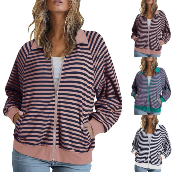 Women's Loose Casual Striped Lapel Cardigan Pocket Long Sleeved Jacket fall