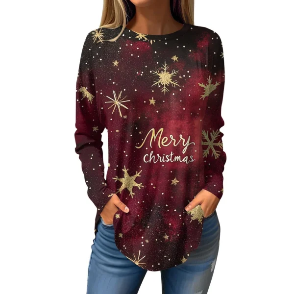 Women's Print Round Neck Christmas Loose T-Shirt Pullover Long Sleeve Top - Image 20