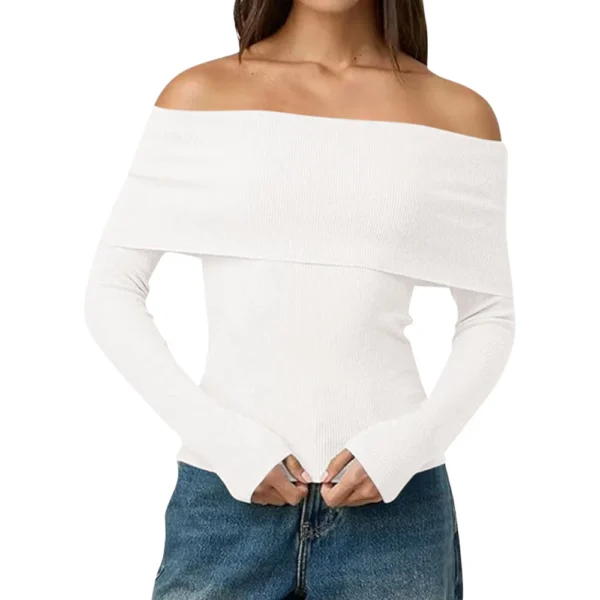 Womens Off The Shoulder Sweaters Long Sleeve Slouchy Knitted - Image 24