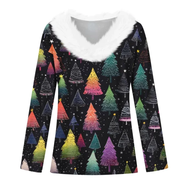 Women's Long Sleeve Christmas Printed Party Plush Neck Wide Casual V-Neck Top - Image 11