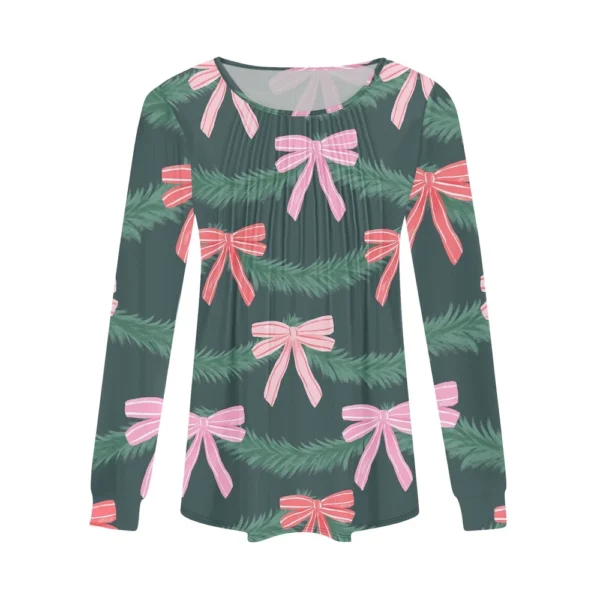 Women's Pleated Casual T-Shirt Round Neck Christmas Printed Long Sleeved Top - Image 12