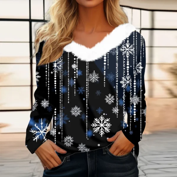 Women's Long Sleeve Christmas Printed Party Plush Neck Wide Casual V-Neck Top - Image 16
