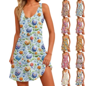 Women's Floral Print Dress, Vest, Skirt With Pockets, Beach Skirt, V-Neck Vest