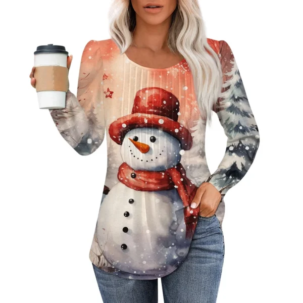 Women's Printed Christmas Top Round Neck Casual Pleated Long Sleeved T-Shirt - Image 9