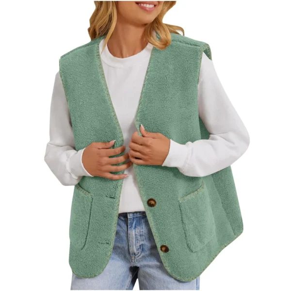 Women's Fuzzy Fleece Vest Sleeveless Colorblock Jacket Button Down Outerwear - Image 26