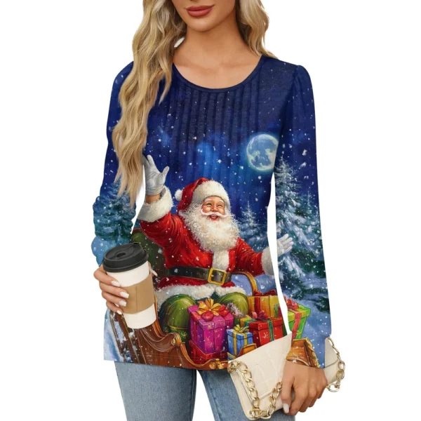 Women's Printed Christmas Top Round Neck Casual Pleated Long Sleeved T-Shirt - Image 16