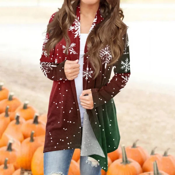 Women's Printed Cardigan Christmas Jacket Fashion Casual Medium Length Coat - Image 16