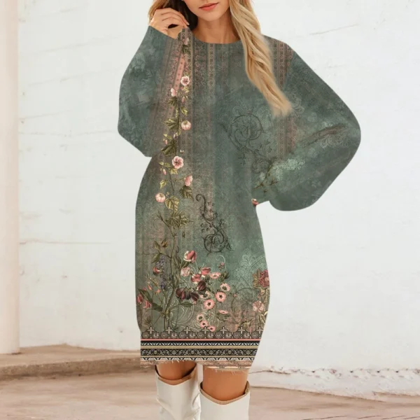 Women's Round Neck Casual Long Sleeve Plush Gradient Vintage Floral Print - Image 13
