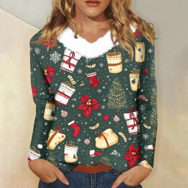 Women's Party Long Sleeve Shirt T Shirt V Neck Christmas Fleece Collar Top - Image 13