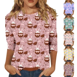 Women's Tops 3/4 Sleeve Casual Fashion Plus Size Basic Easter Printed Pullover