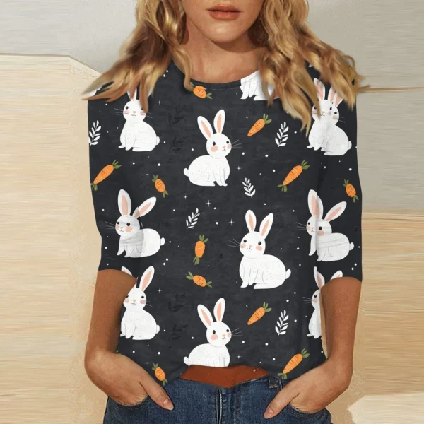 Women's Printed Easter Basic Tops Casual 3/4 Sleeve Fashion Plus Size Pullover - Image 22