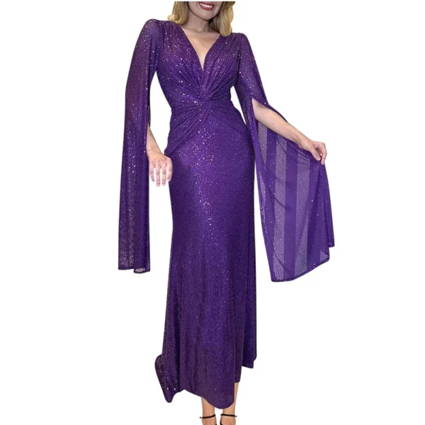 Women's Fashionable Solid Color V Neck Sequin Sexy Evening Dress Party Long - Image 26
