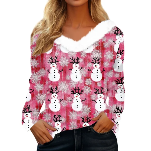 Women's Long Sleeve Christmas Printed Party Plush Neck Wide Casual V-Neck Top - Image 26