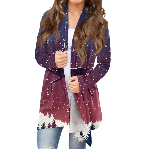Women's Printed Cardigan Christmas Jacket Fashion Casual Medium Length Coat - Image 4
