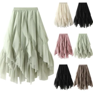 Women's Fashion Casual Solid Color High Waist Ruffle Splicing Mesh Half-body