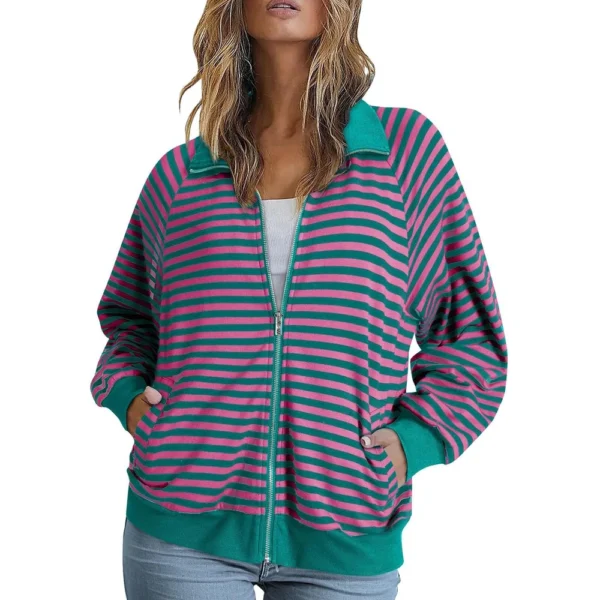 Women's Loose Casual Striped Lapel Cardigan Pocket Long Sleeved Jacket fall - Image 17