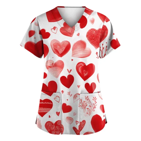 Women's Valentine's Day Printed  Uniform Work Uniform V-Neck Pocket Protective - Image 3