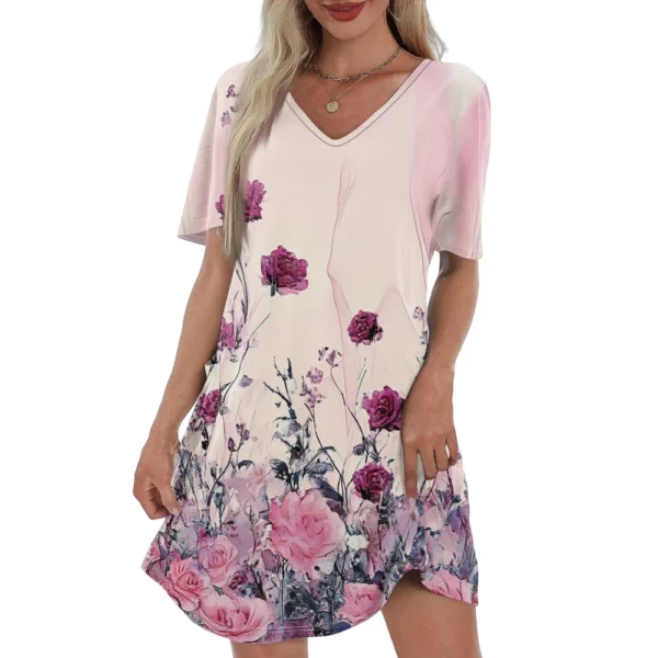 Women's Casual And Fashionable V-neck Short Sleeve Printing Mid Length Dress - Image 32