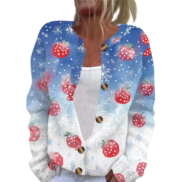 Women's Fashion Christmas Printed Long Sleeve Knitted Cardigan Button Down - Image 6
