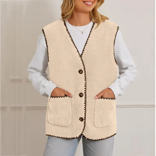 Women's Fuzzy Fleece Vest Sleeveless Colorblock Jacket Button Down Outerwear - Image 13