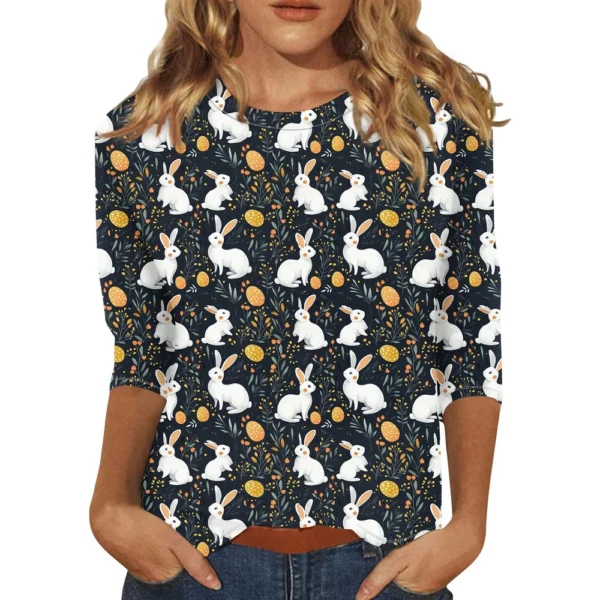 Women's Casual Round Neck Easter Egg Print Three-quarter Sleeve T-shirt Top - Image 17