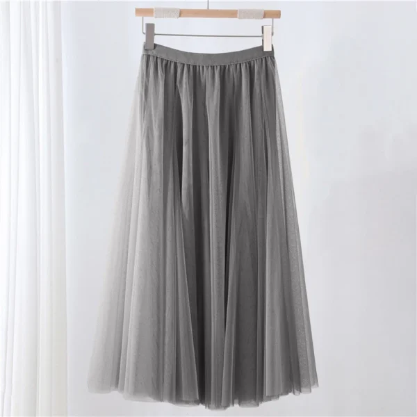 Women's Solid Color Mesh Skirt With Elastic Band Large Swing Mid Length Skirt - Image 25