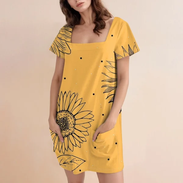 Women's Square Collar Short Sleeve Fashion Skirt Floral Print Pocket Casual - Image 22