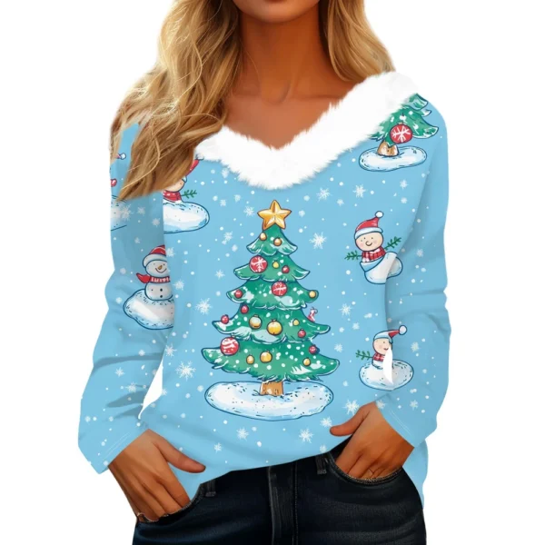 Women's Christmas Shirt Fleece Collar T Shirt Party V Neck Long Sleeve Top - Image 5