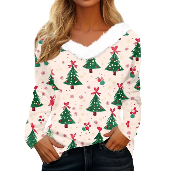 Women's Long Sleeve Christmas Printed Party Plush Neck Wide Casual V-Neck Top - Image 14