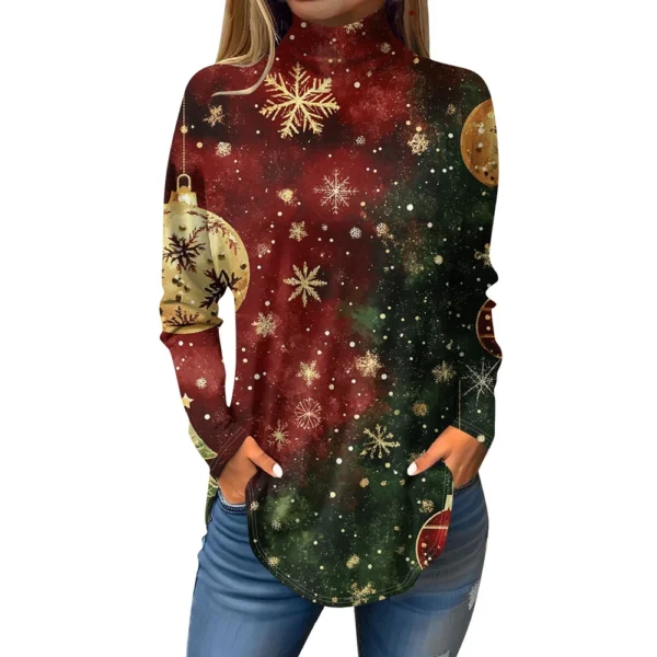 Women's Printed Christmas High Neck Pullover Long Sleeve Casual Fashion T-Shirt - Image 32