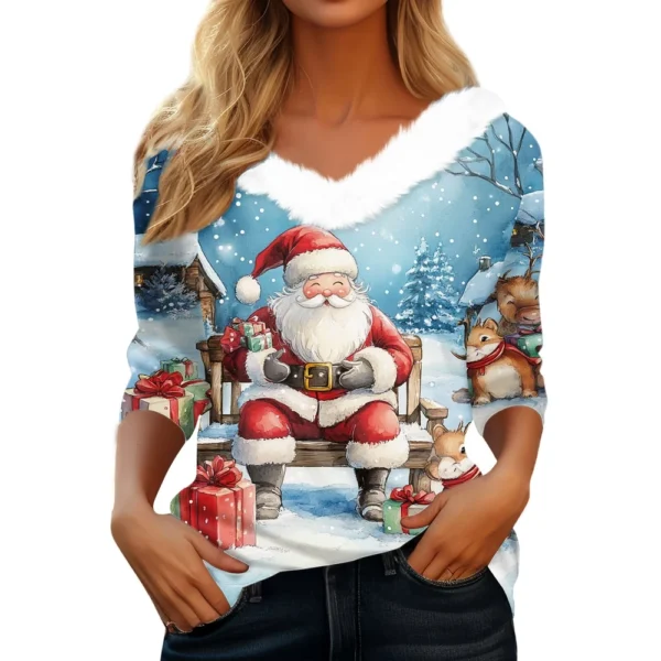 Women's Party Fleece Collar Shirt T Shirt Christmas Long Sleeve V Neck Top - Image 10