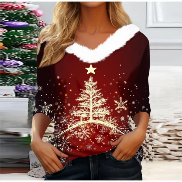 Women's Party Long Sleeve V Neck T Shirt Christmas Shirt Fleece Collar Top - Image 16