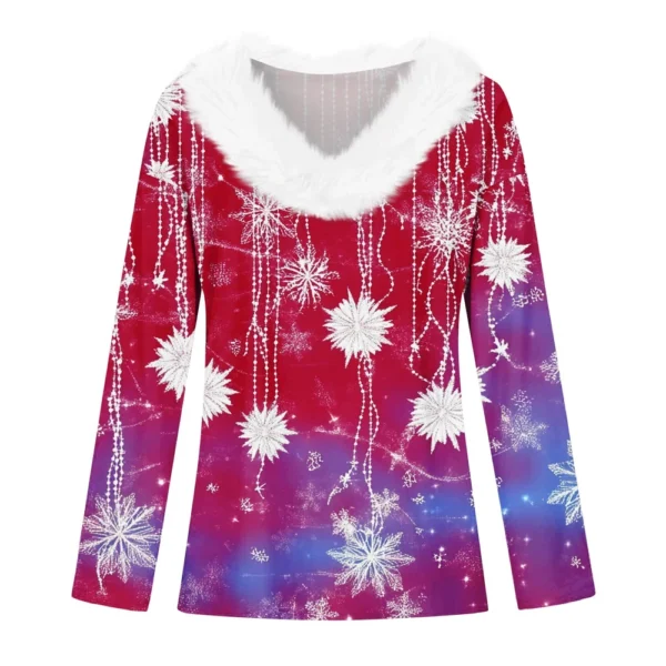 Women's Long Sleeve Christmas Printed Party Plush Neck Wide Casual V-Neck Top - Image 12