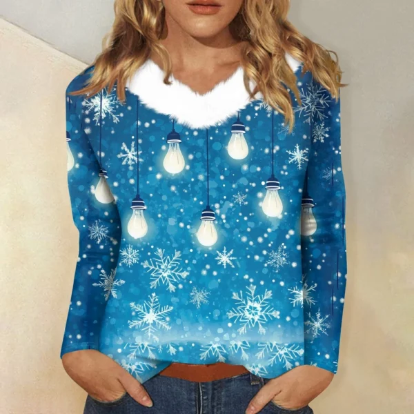 Women's Loose Casual Long Sleeved Christmas Printed Plush Collar V Neck Top, - Image 34