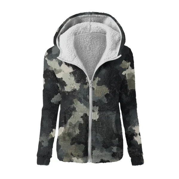 Women's Winter Camouflage Print Casual Fashion Plush Hooded Zipper Sweater - Image 9