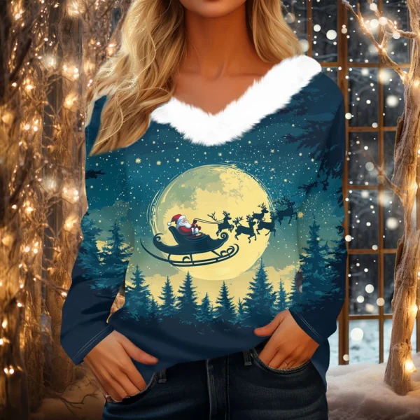 Women's V Neck Party Long Sleeve Top Christmas Shirt Fleece Collar T Shirt - Image 34